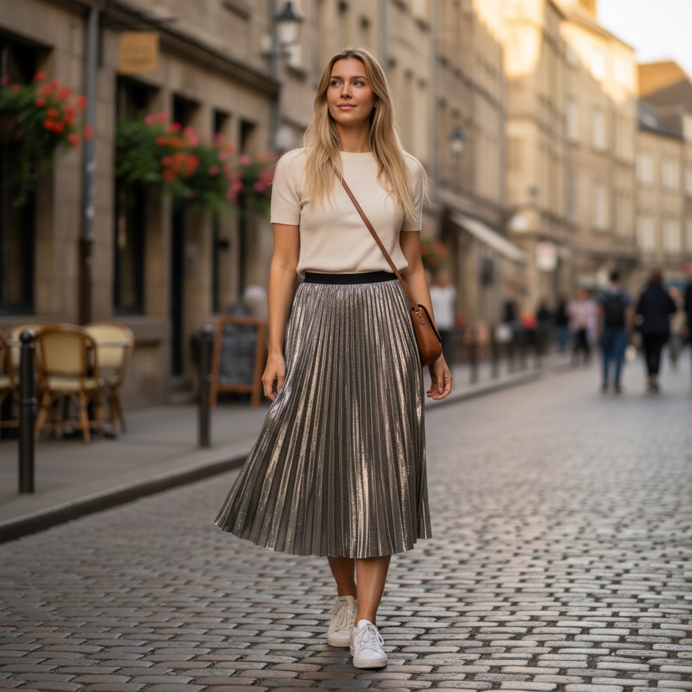I. Madeline Metallic Pleated Midi Skirt Gold Champagne S